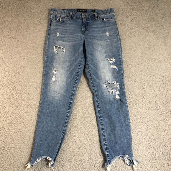 Lucky Brand Jeans Womens 8 Blue Skinny Distressed Thrashed Grunge Preppy Raw Hem - Picture 1 of 11
